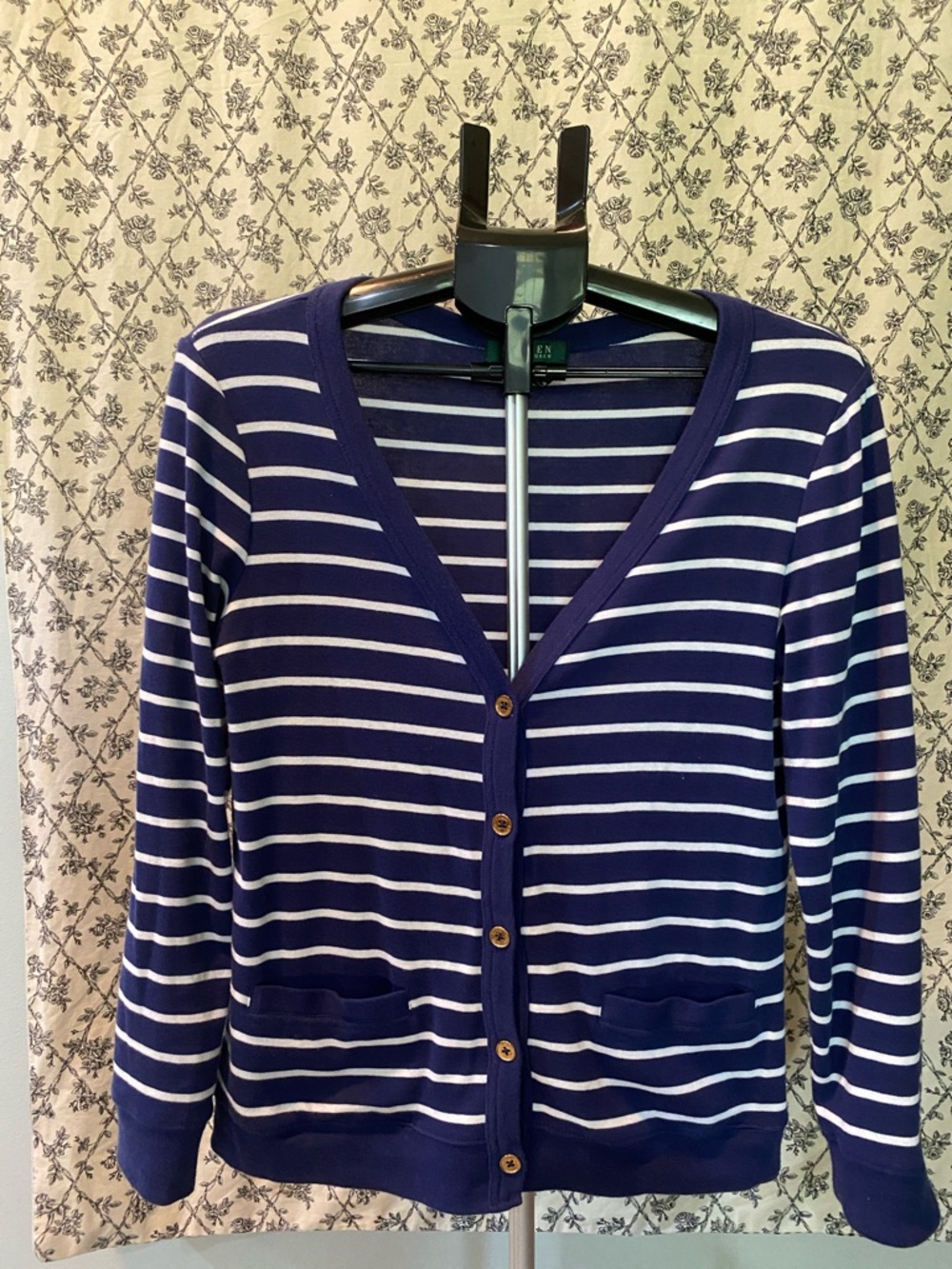 Lauren Ralph Lauren Navy and White Striped V-Neck Button Cardigan